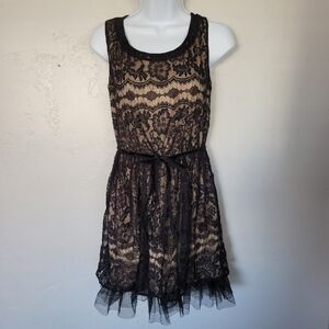 BeBop Medium Black Lace Dress Sleeveless Tank Lined Skin Color Velvet Bow Waist